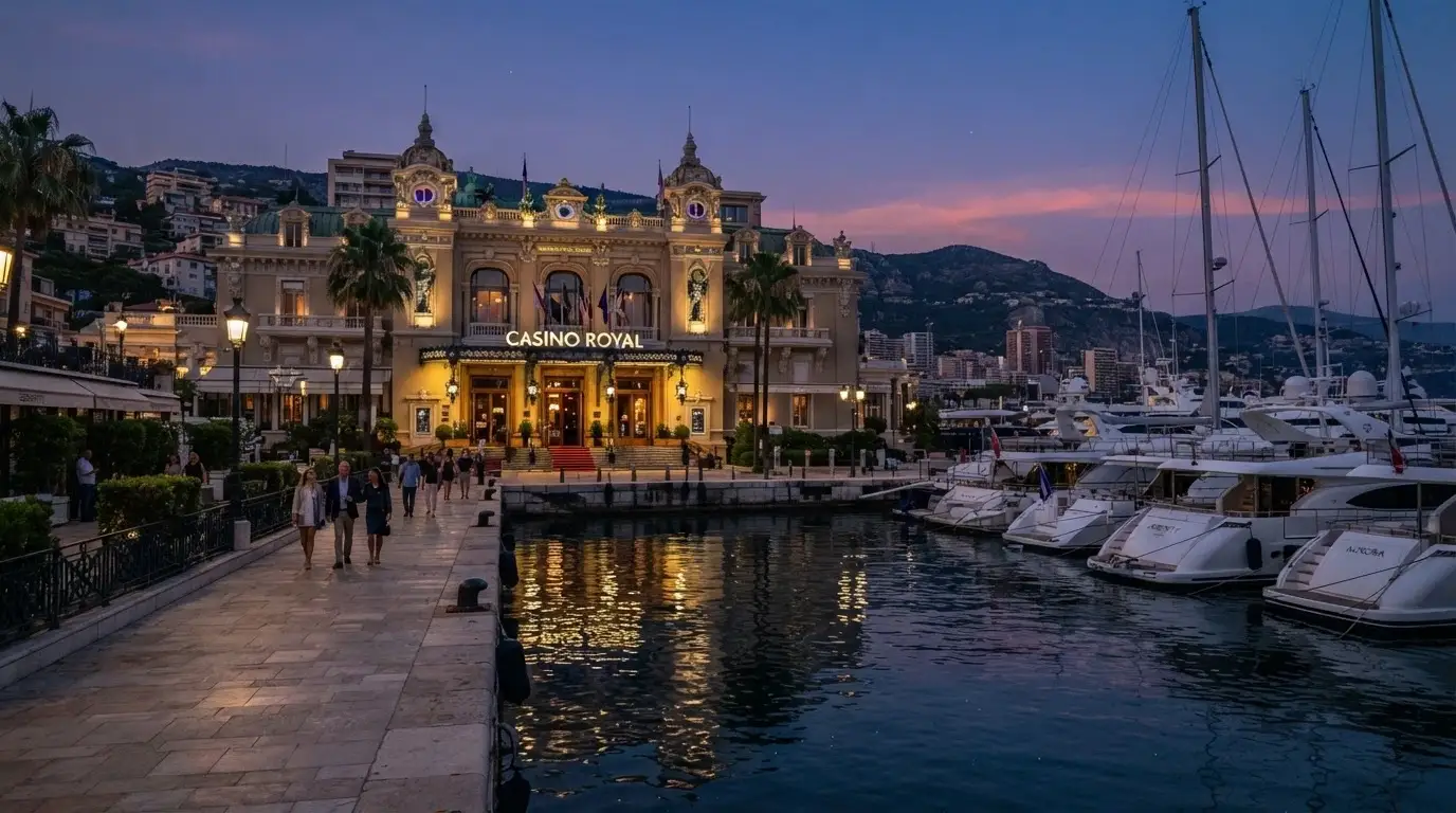 Entrada principal del Casino Barcelona en el edificio del Port Olímpic, con la marina y los yates visibles en primer plano