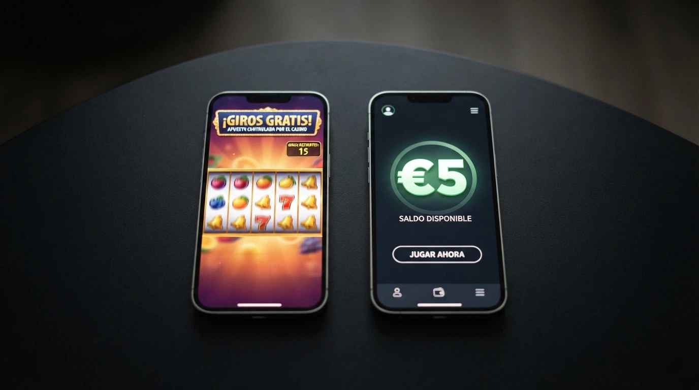 Dos pantallas de casino comparando una oferta de giros gratis y una de saldo en efectivo de 5 euros