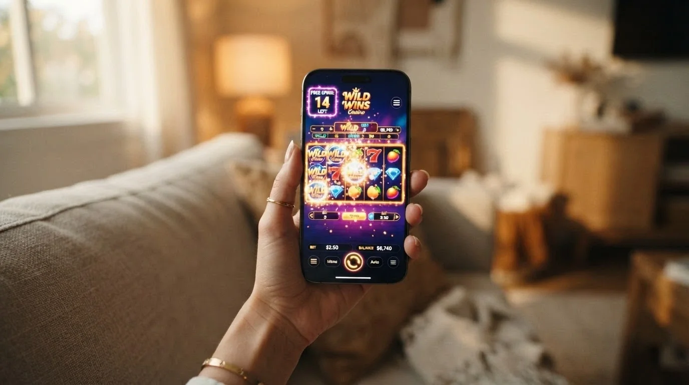 Un teléfono en vertical mostrando la interfaz de un casino online español con una tragaperras en funcionamiento y el contador de tiradas gratis visible