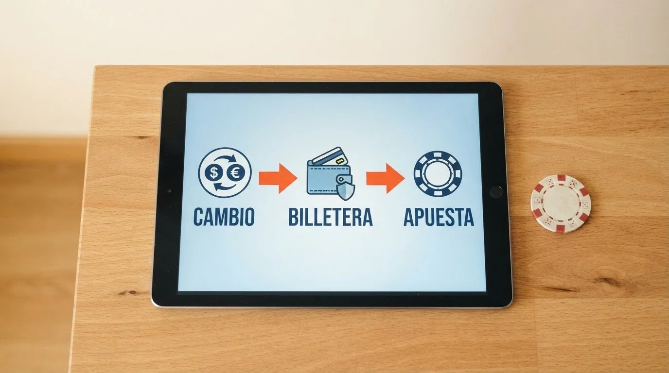 Infografía de tres pasos en una pantalla: comprar BCH en exchange, enviar a wallet, depositar en casino con iconos de cada etapa