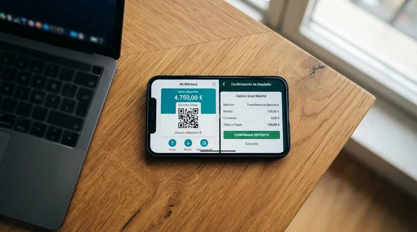 Un teléfono móvil mostrando una wallet de Cardano junto a la pantalla de depósito de un casino online