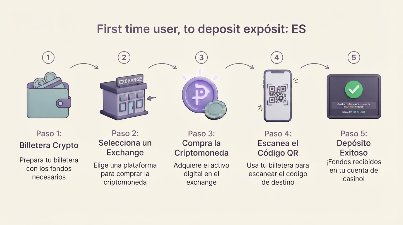 Secuencia de cinco pasos ilustrados: wallet, exchange, comprar TRX, copiar dirección, saldo en casino, con iconos minimalistas