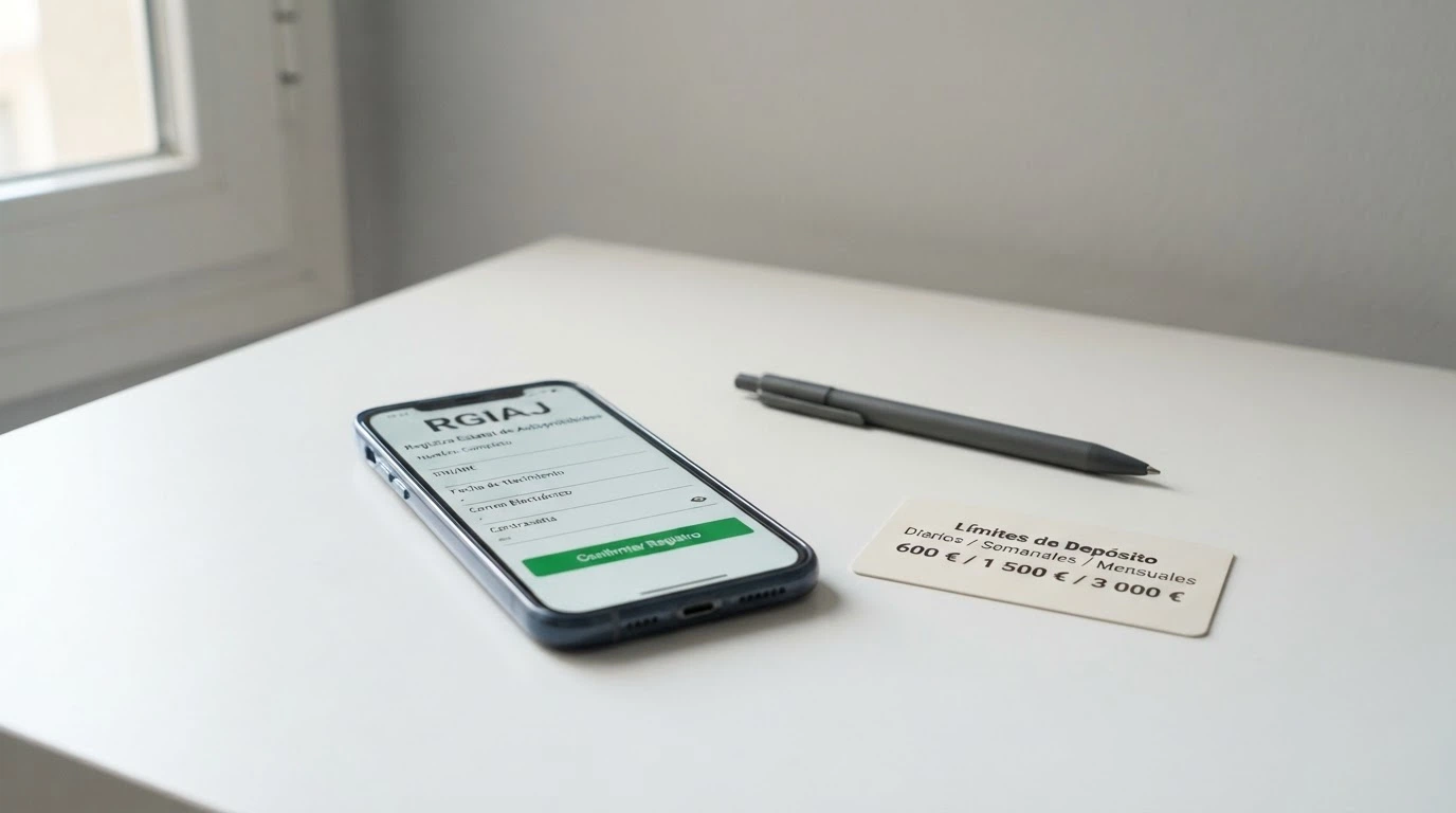 Un teléfono mostrando la pantalla de inscripción del RGIAJ junto a una tarjeta con límites de depósito y el logotipo de FEJAR