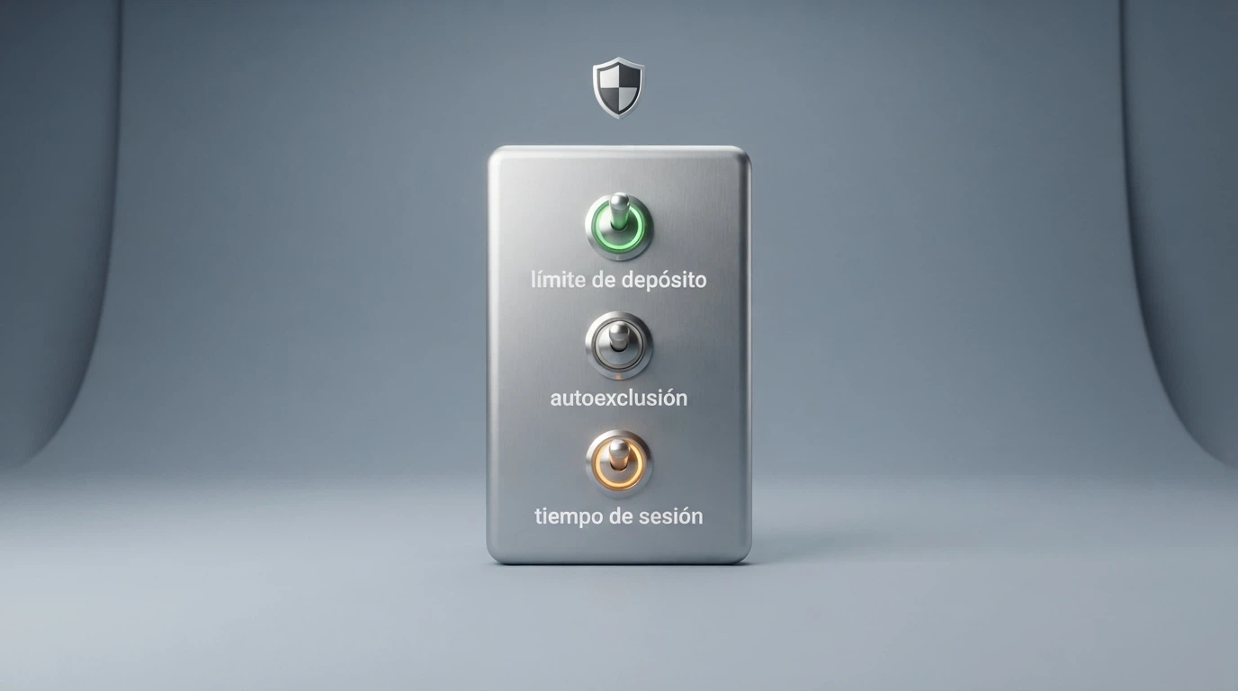 Un panel de control con interruptores etiquetados como «límite de depósito», «autoexclusión» y «tiempo de sesión», con el logo del RGIAJ visible