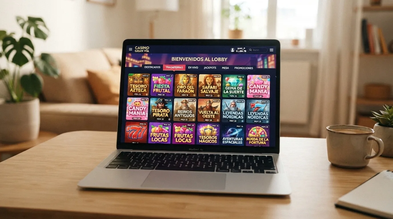 Vista del vestíbulo de juegos de un casino online con licencia Anjouan mostrando categorías de tragaperras y proveedores