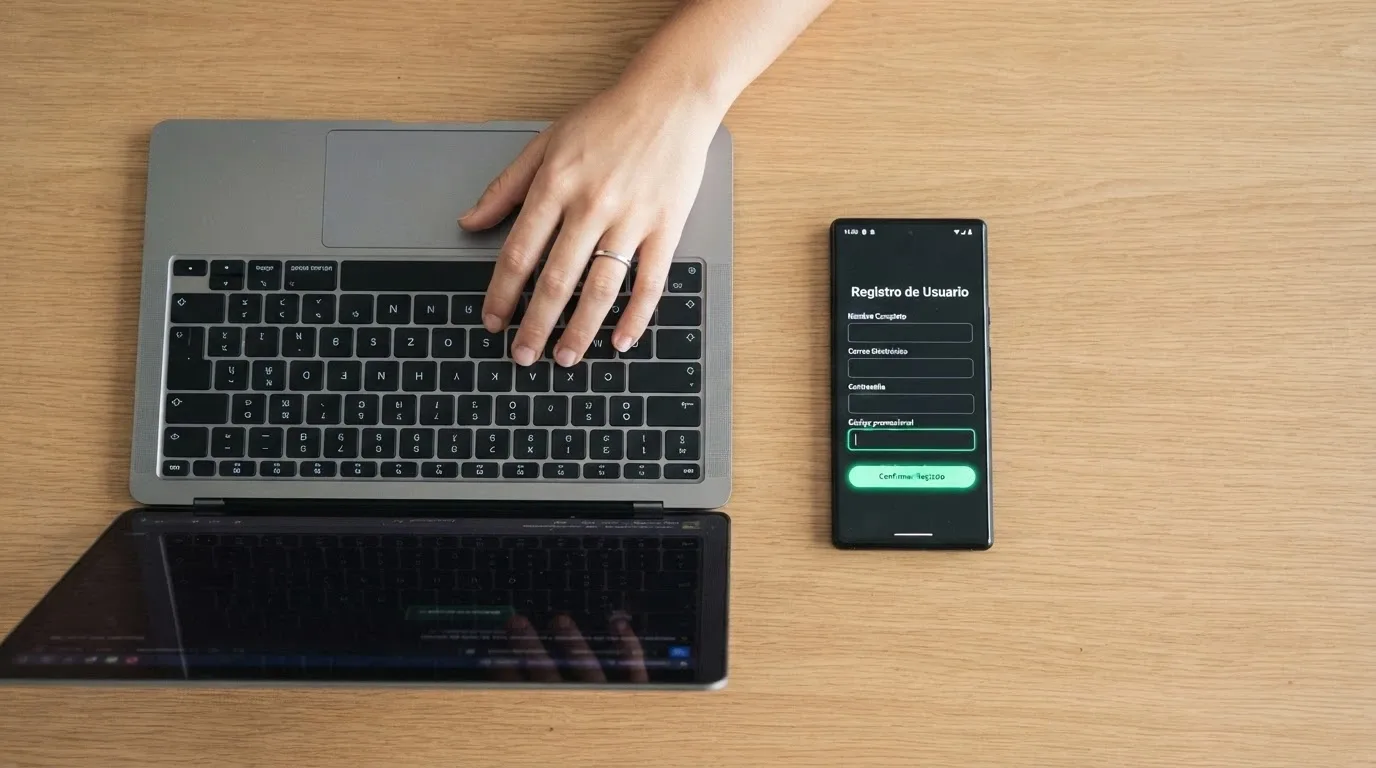 Mano sobre un teclado de ordenador portátil junto a un móvil que muestra el formulario de registro de un casino online con el campo «código promocional» resaltado