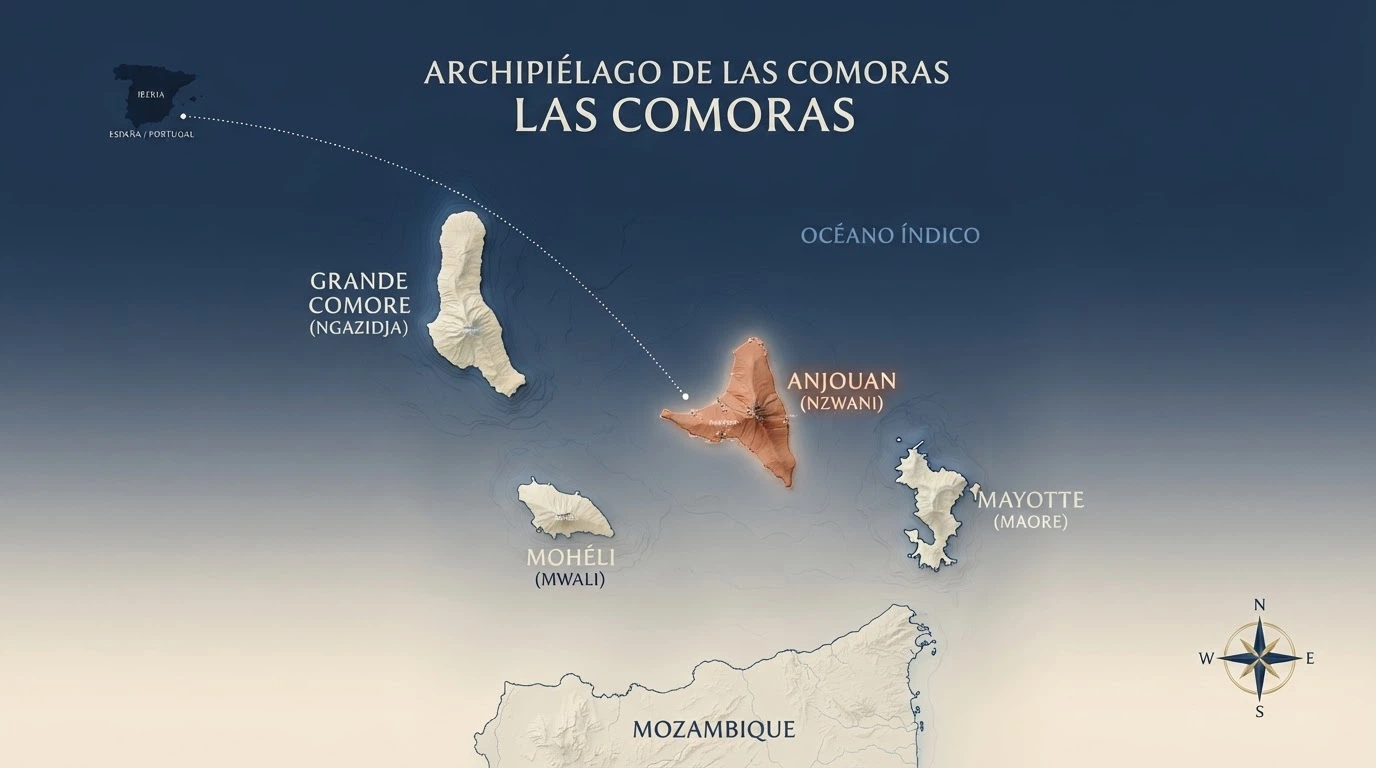 Mapa de localización de la isla de Anjouan dentro del archipiélago de las Comoras en el océano Índico