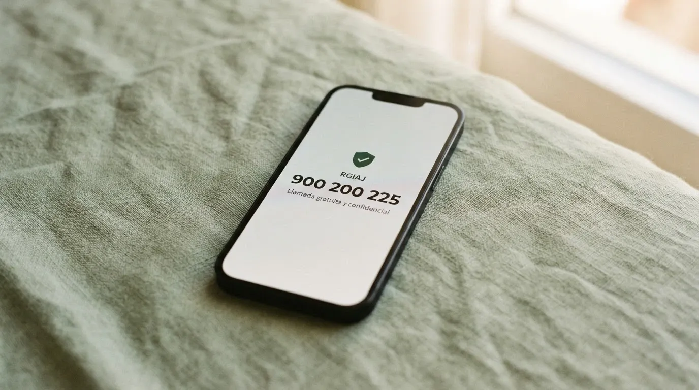 Un teléfono móvil con el número 900 200 225 en pantalla junto al logotipo del RGIAJ y el icono de autoexclusión, sobre un fondo sereno de tonos verdes