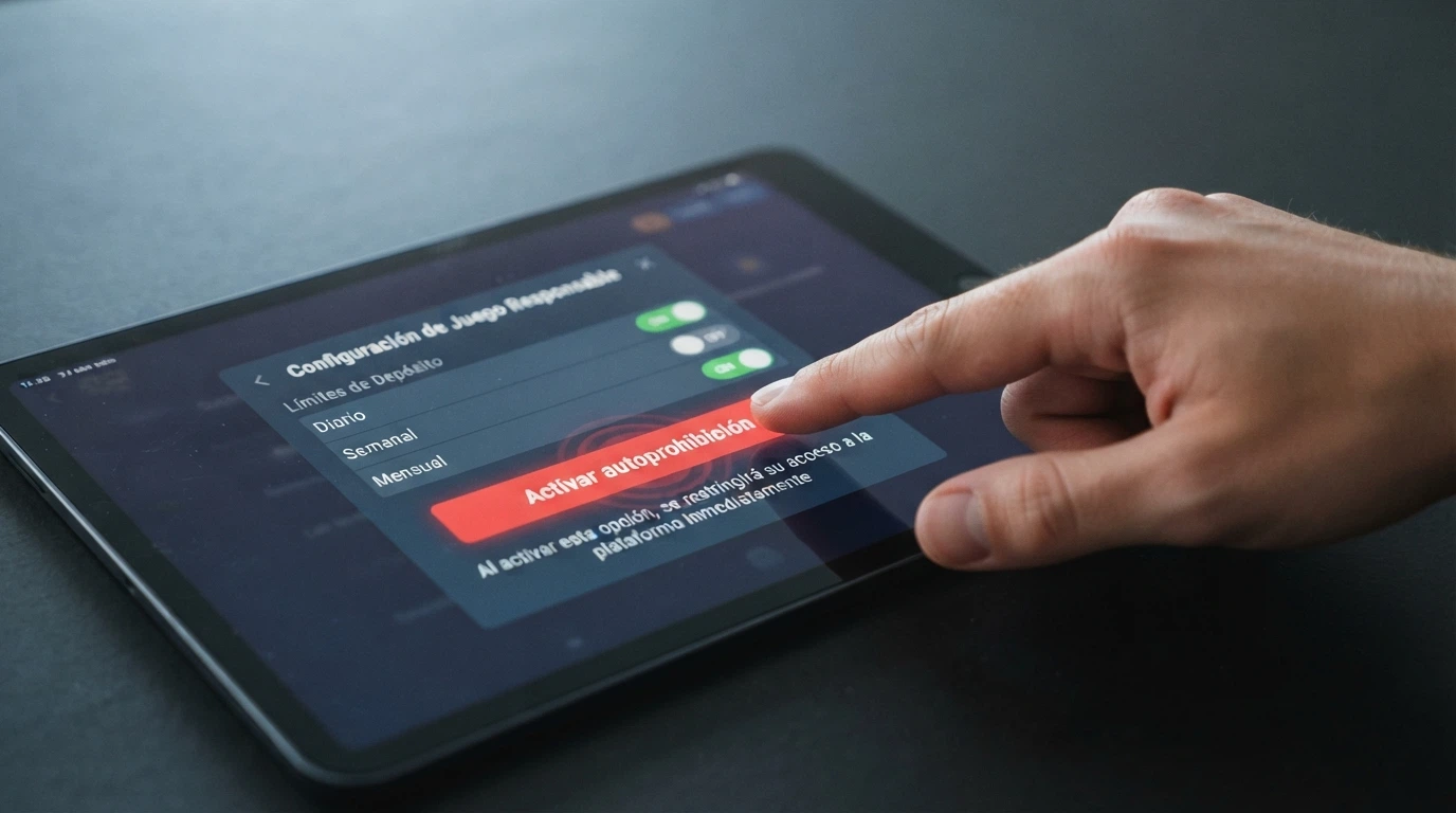 Una mano que pulsa un botón digital con el texto «Activar autoprohibición» sobre un panel de ajustes de juego responsable con interruptores de límites