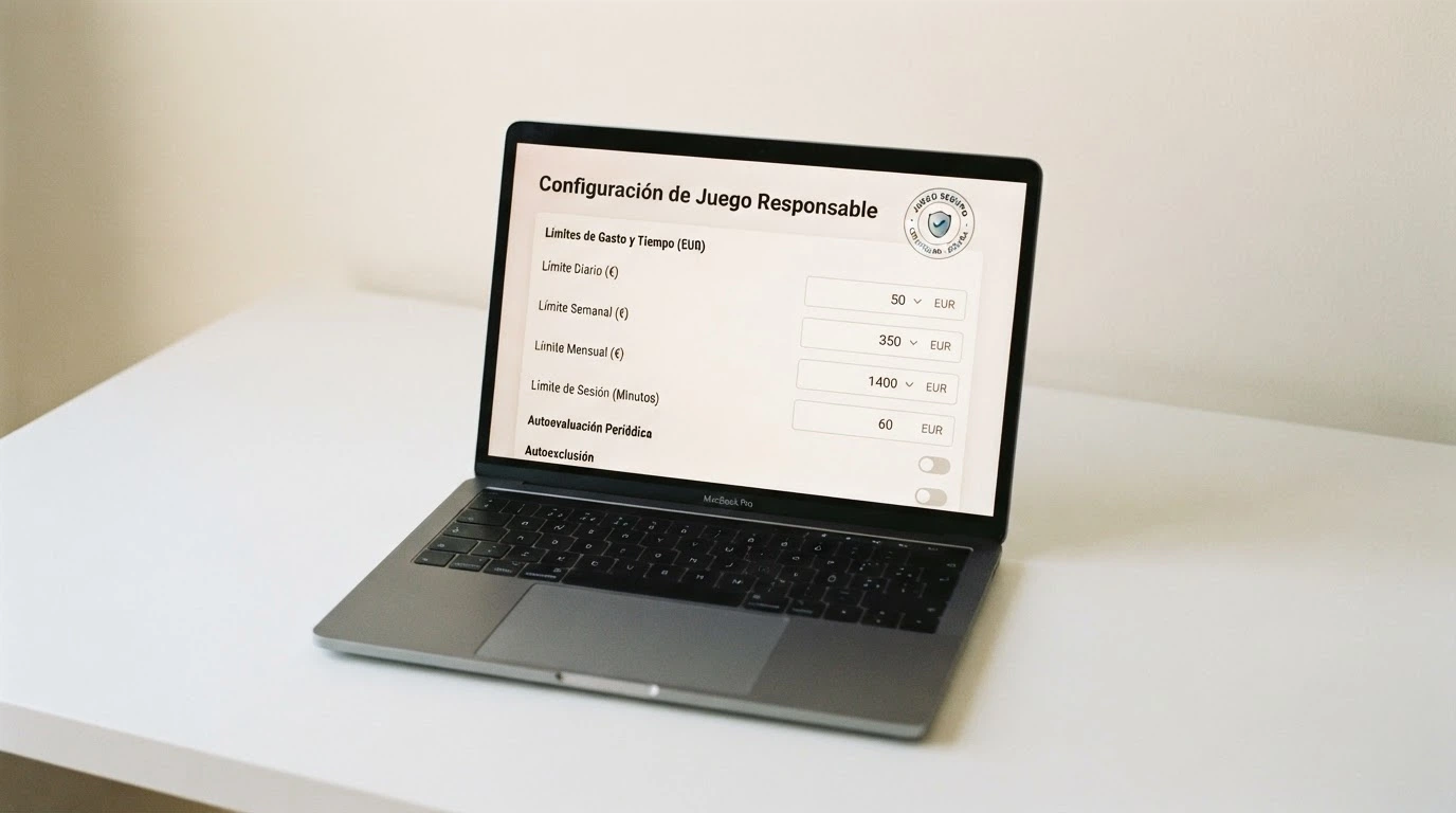 La pantalla de configuración de límites de depósito en un casino online español, con los campos «límite diario», «límite semanal» y «límite mensual» visibles y el logo de la DGOJ en la esquina