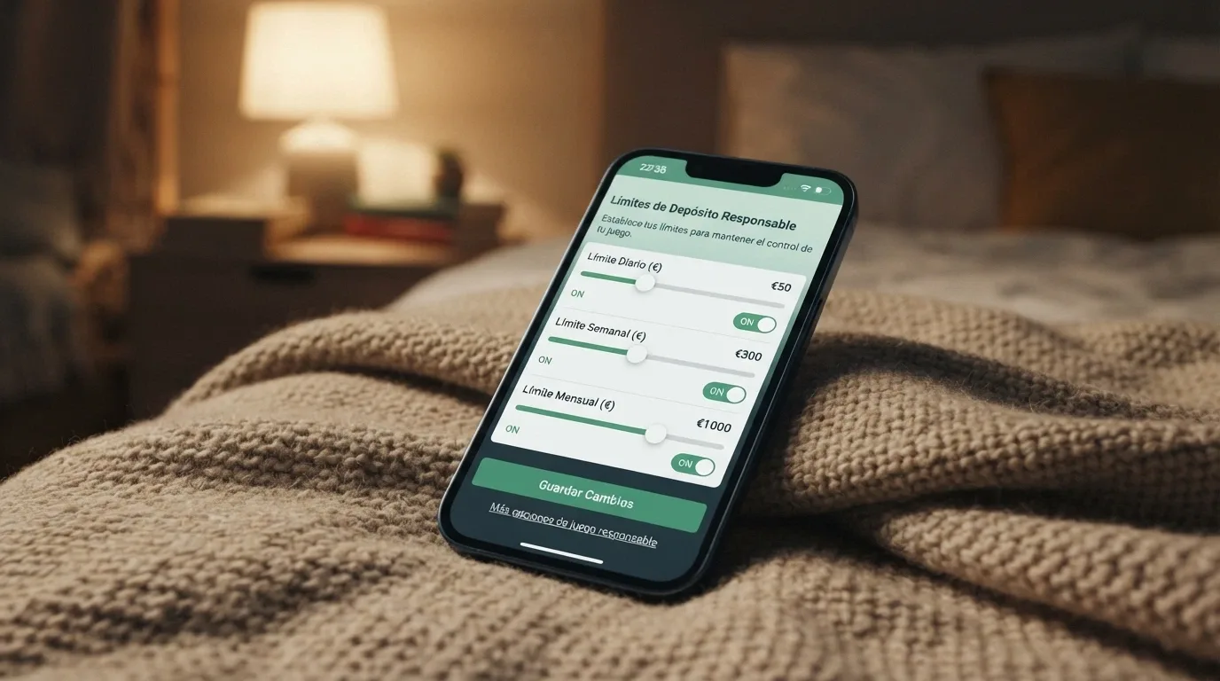Un teléfono mostrando la sección de juego responsable de una app de casino con los controles de límite de depósito diario, semanal y mensual visibles en pantalla