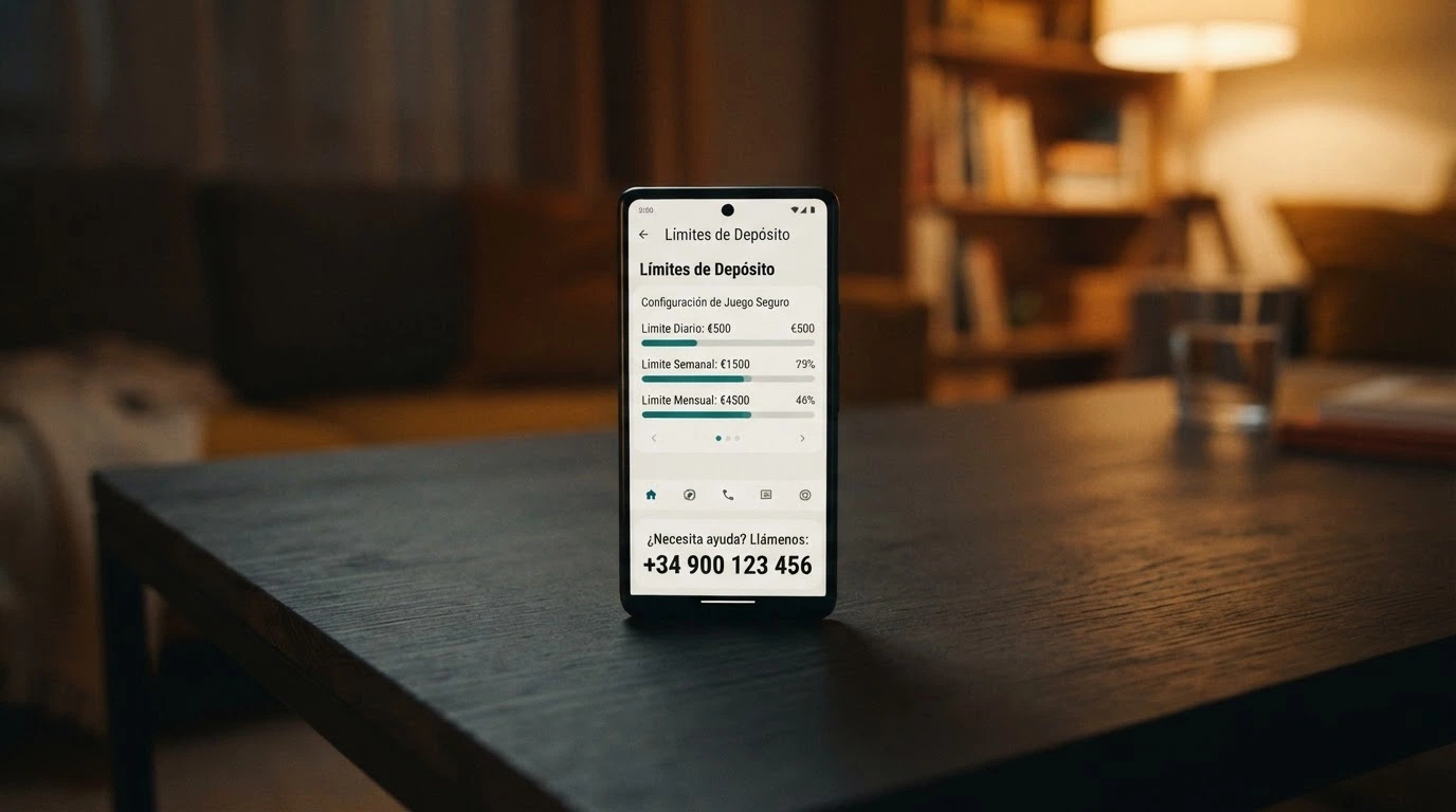 Teléfono móvil mostrando la pantalla de configuración de límites de depósito junto con el número de contacto de FEJAR visible