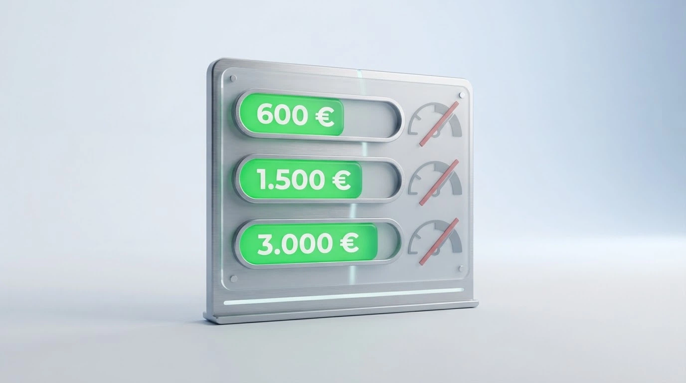 Un panel de control con indicadores de límite diario, semanal y mensual en verde (regulado) frente a los mismos indicadores en gris apagado y tachados (offshore)