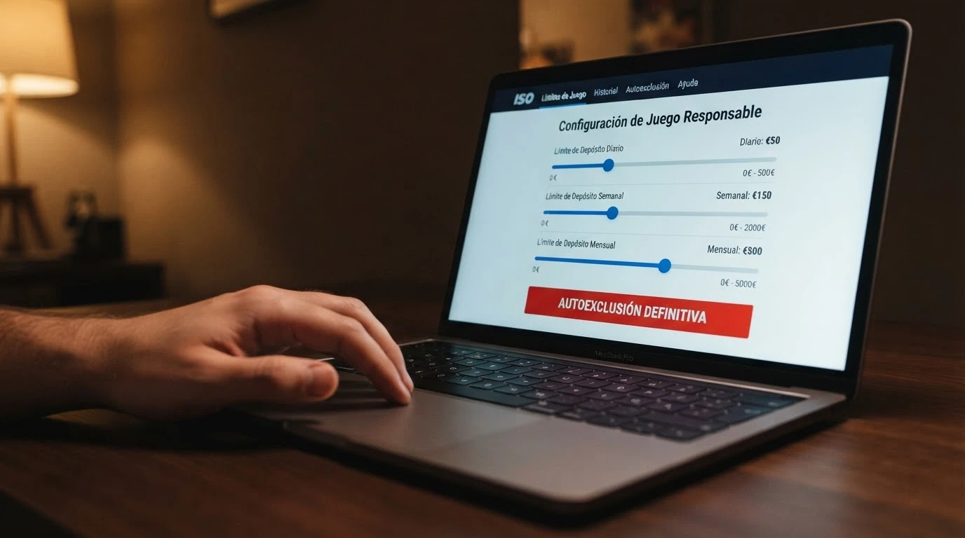La sección de juego seguro de un casino online con los controles desplegados: límite de depósito diario, semanal y mensual, y un botón de autoexclusión destacado.