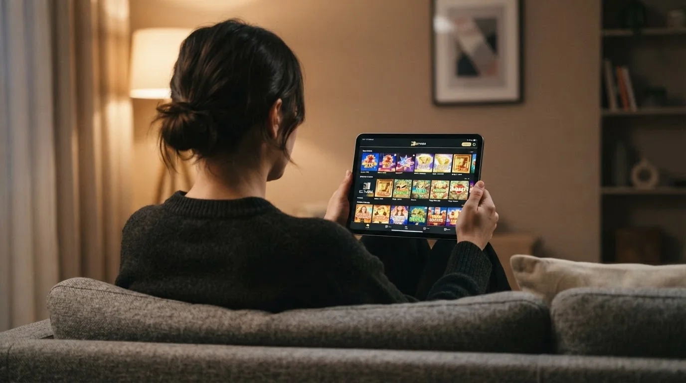 Un jugador sentado en un sofá con una tablet en las manos, sonriendo mientras explora la pantalla de selección de juegos de un casino online español