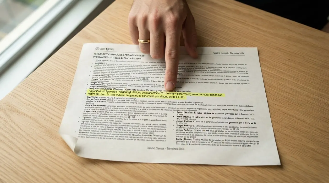 Primer plano de los términos y condiciones de una promoción sin depósito con los campos de wagering y ganancia máxima subrayados