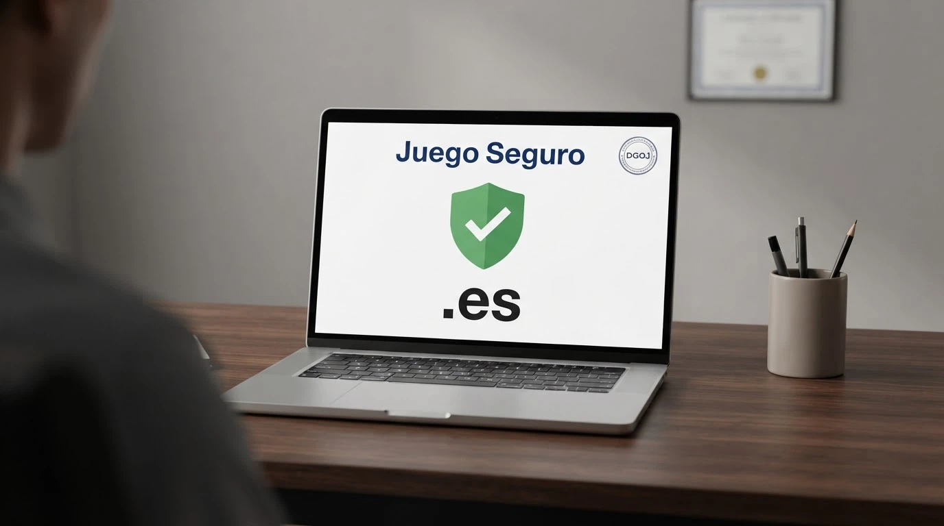Pantalla con el dominio .es y el sello de juego seguro junto a la interfaz de verificación de licencia de un casino online español