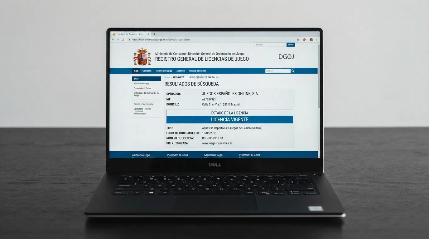 Pantalla del registro oficial de la DGOJ con la ficha de un operador de juego autorizado y el dominio .es visible