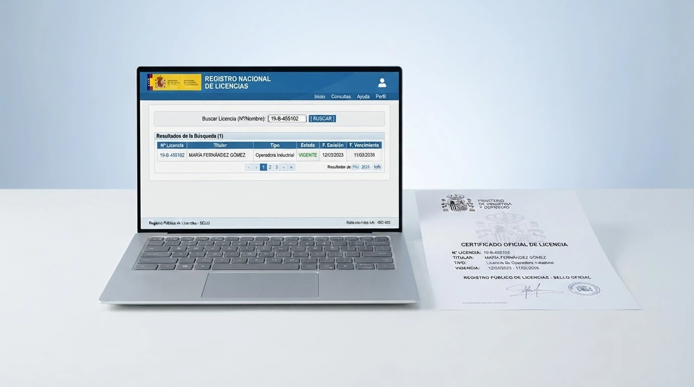 Captura de pantalla parcial del registro público de operadores en ordenacionjuego.es, con el campo de búsqueda y una licencia singular visible, junto al escudo oficial de la DGOJ