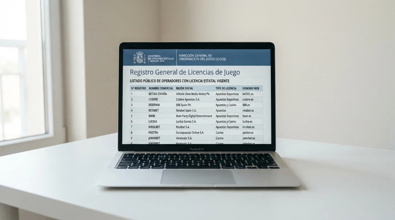 Captura del registro público de operadores con licencia en la web de la DGOJ donde se ve el listado de dominios .es autorizados