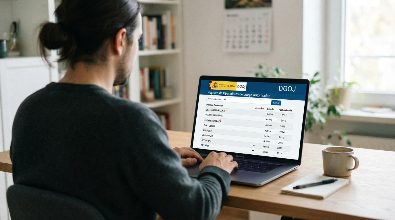 Pantalla del registro oficial de la DGOJ mostrando el listado de operadores autorizados con dominio .es, con el escudo de España visible en la cabecera