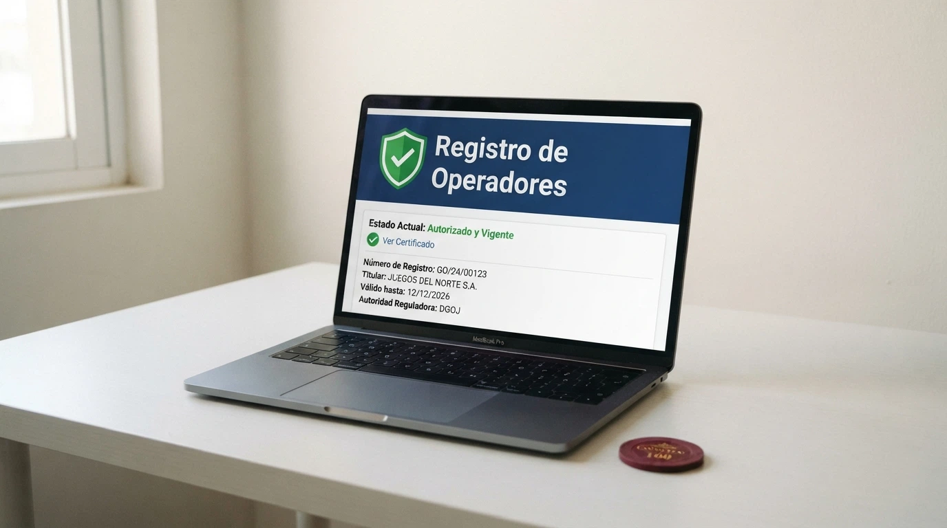Pantalla del registro público de operadores de ordenacionjuego.es con el sello DGOJ y el dominio .es visible en la barra del navegador