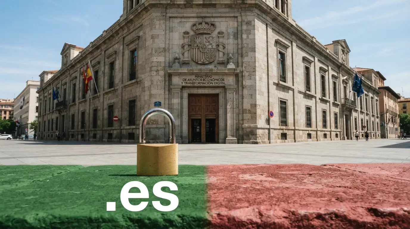 El edificio de la DGOJ en Madrid con el escudo oficial y, en primer plano, un candado abierto sobre un fondo dividido: verde a la izquierda (.es) y rojo difuminado a la derecha (sin licencia)