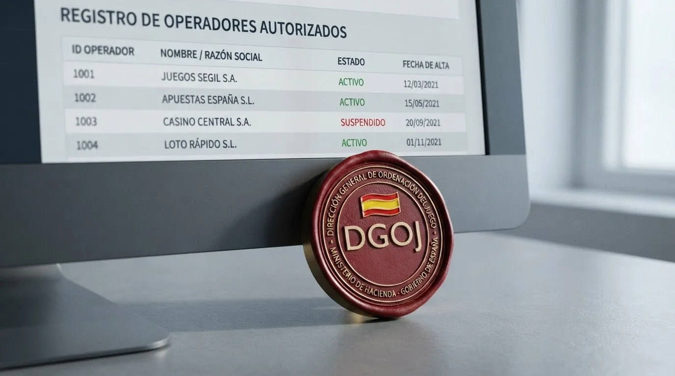 Primer plano de un sello con la bandera de España y las siglas DGOJ sobre la pantalla de un ordenador que muestra el registro público de operadores autorizados