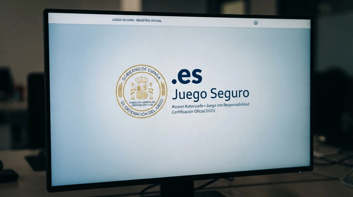 Primer plano del sello de la DGOJ junto al dominio .es en la pantalla de un ordenador, con el texto «Juego Seguro» visible