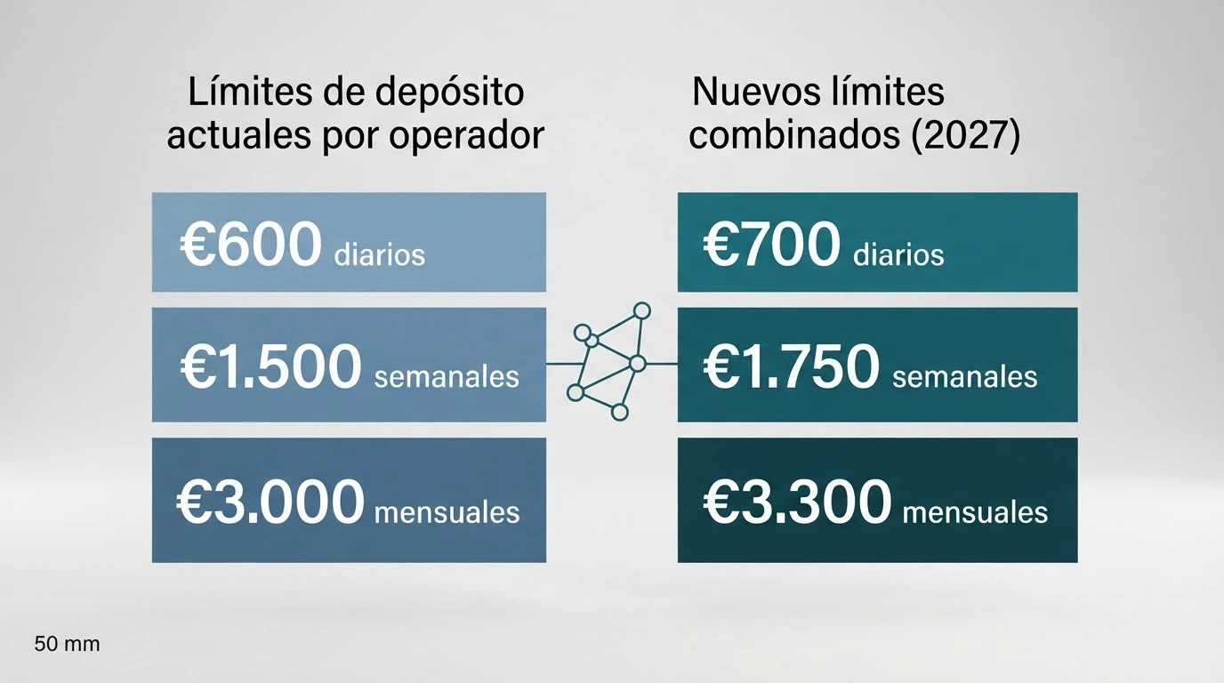 Infografía comparativa: una columna con los límites actuales por operador y otra con los nuevos límites conjuntos, con un icono de red conectando varios casinos