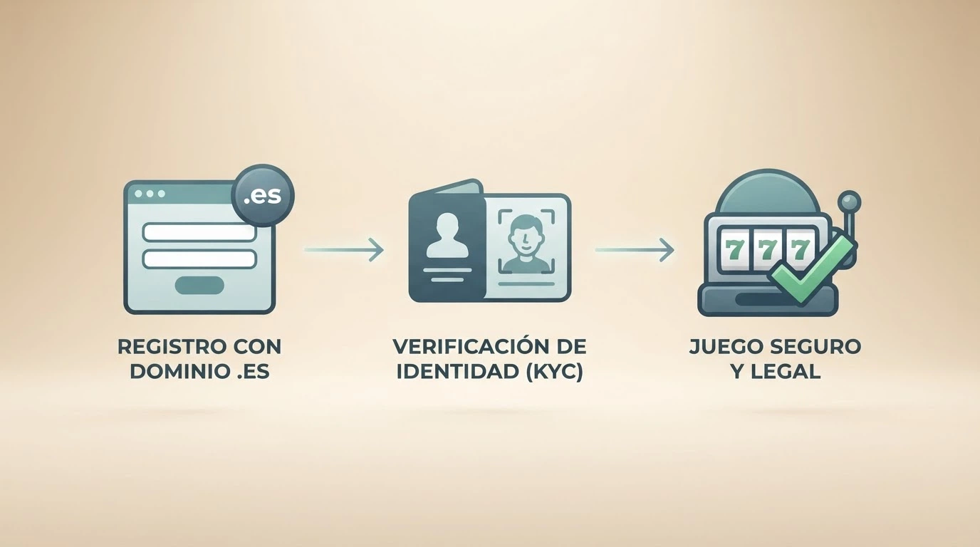 Diagrama con tres pasos: registro en casino con dominio .es, verificación KYC con DNI, y tiradas activadas en slot asignado
