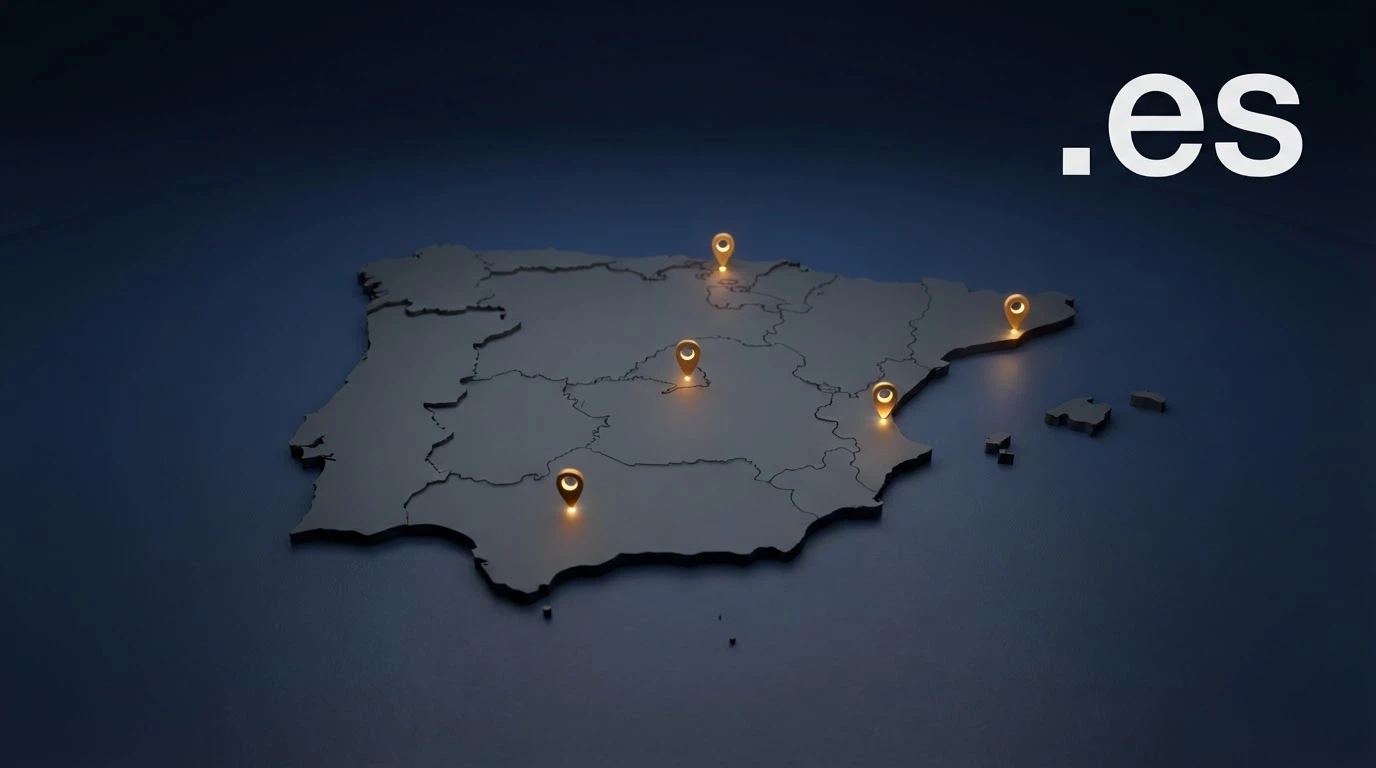 Un mapa de España con pines sobre las ciudades donde hay operadores con licencia DGOJ y el dominio .es destacado