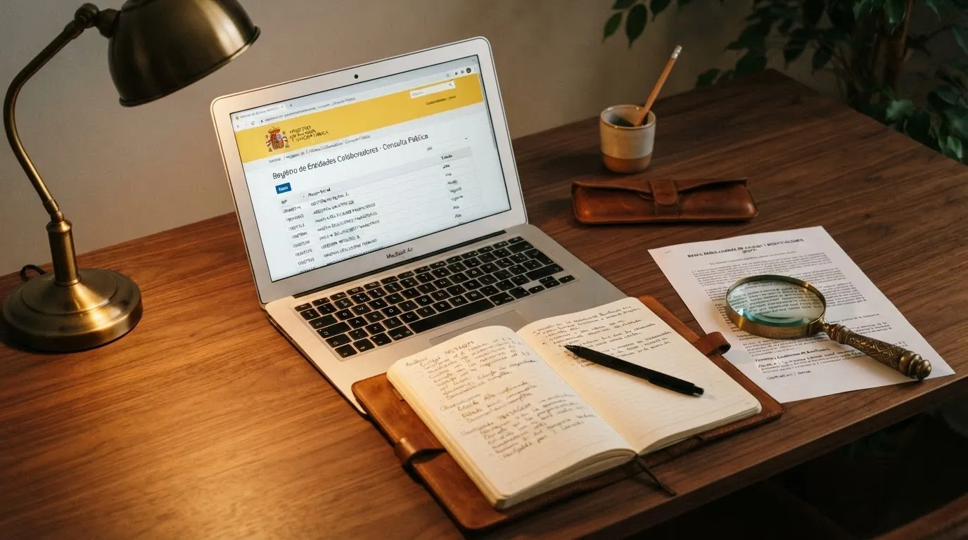 Una mesa de trabajo con el registro oficial de la DGOJ abierto en una pantalla, notas manuscritas con criterios de evaluación y una lupa sobre los términos de un bono