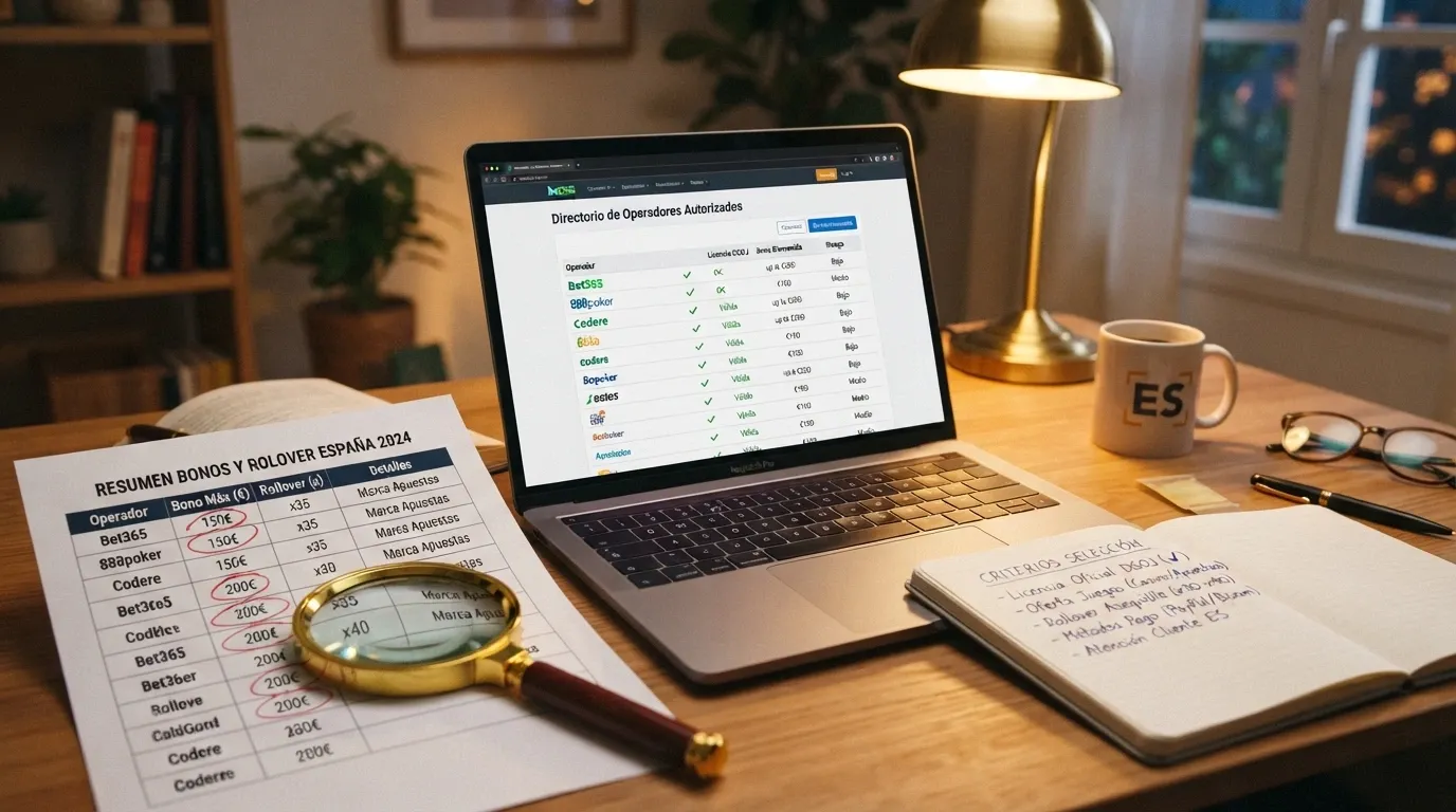 Una mesa de trabajo con el registro de la DGOJ abierto en un portátil, una lupa sobre una tabla comparativa de bonos y notas manuscritas con los criterios de selección