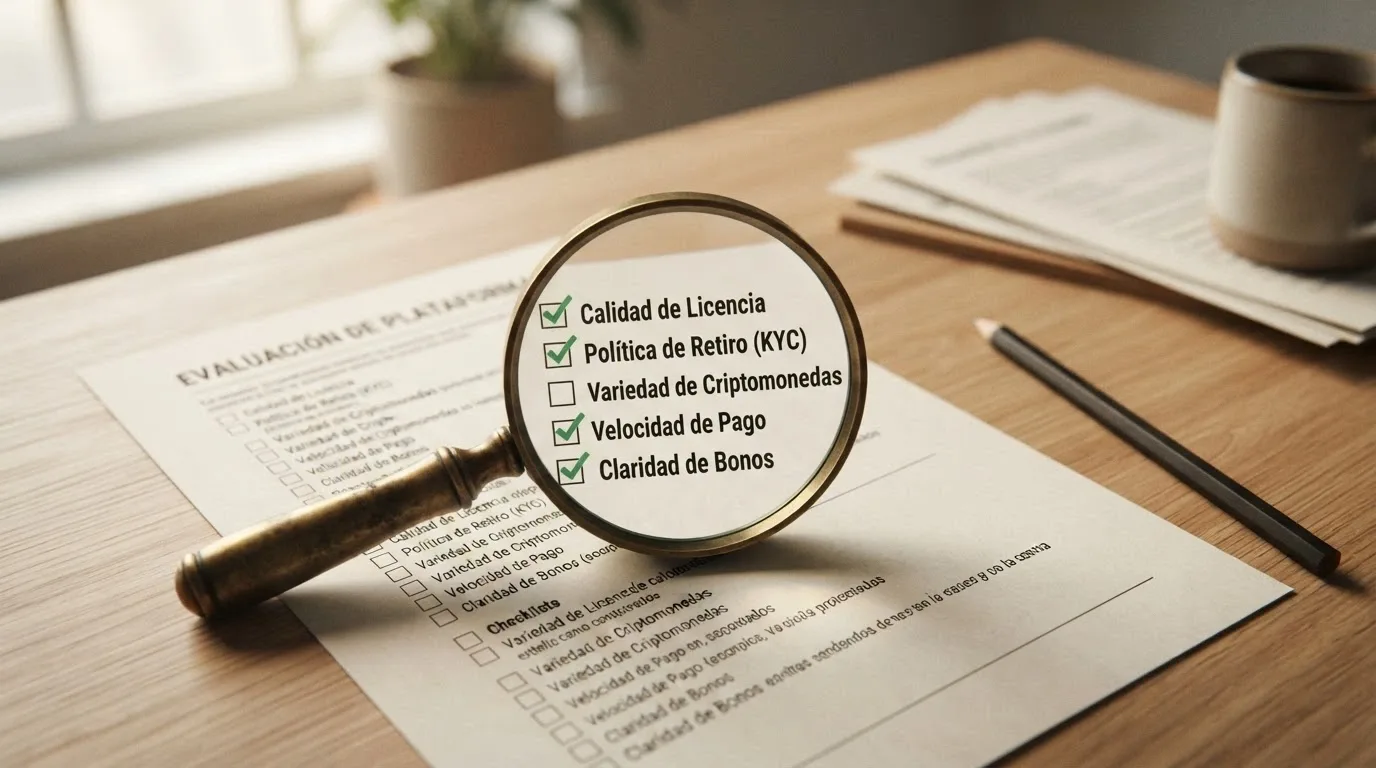 Una lupa sobre una lista de comprobación con los criterios de evaluación: licencia real, política de KYC, criptomonedas aceptadas, velocidad de retirada y claridad de los términos del bono