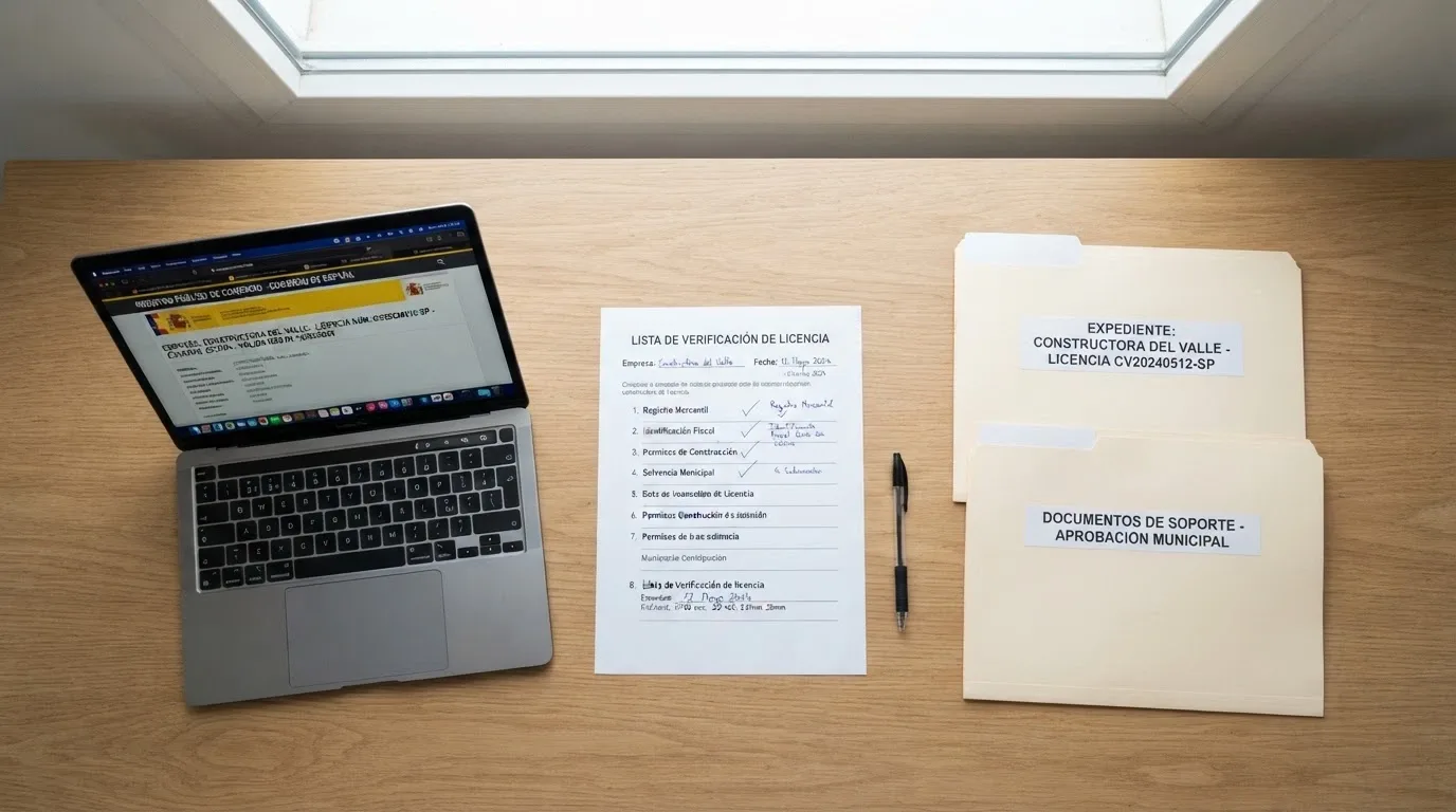 Documentos, checklist y pantalla del registro DGOJ sobre un escritorio, simbolizando el proceso de verificación de casinos