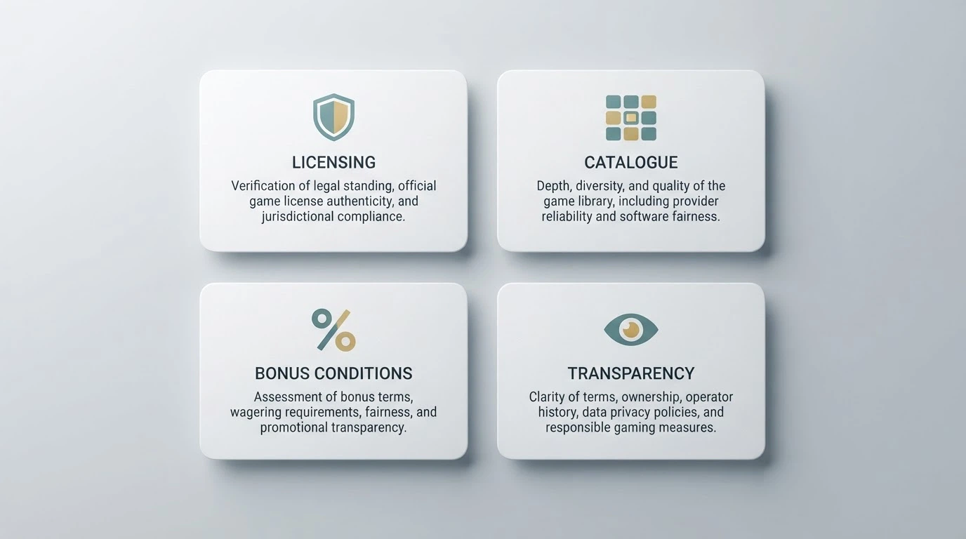 Representación visual de los cuatro criterios de evaluación: licencia DGOJ, catálogo Fire Blaze, condiciones del bono y transparencia del operador