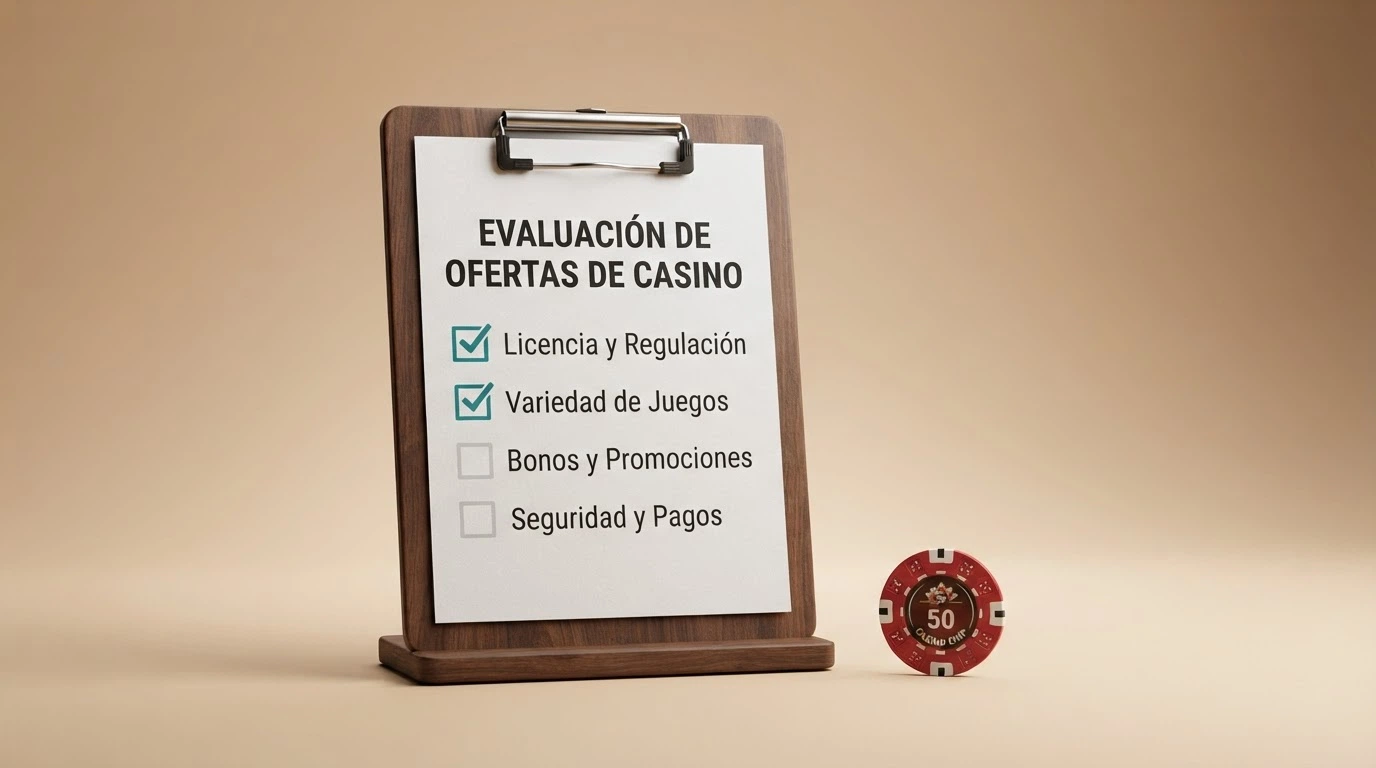 Representación visual de los criterios de evaluación — licencia DGOJ, rollover, ganancia máxima, validez — dispuestos como lista de verificación sobre fondo de casino