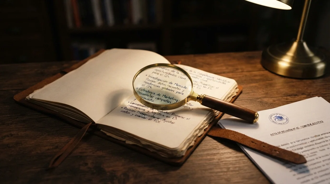Una lupa sobre una licencia DGOJ junto a una lista de criterios de evaluación escritos en una libreta