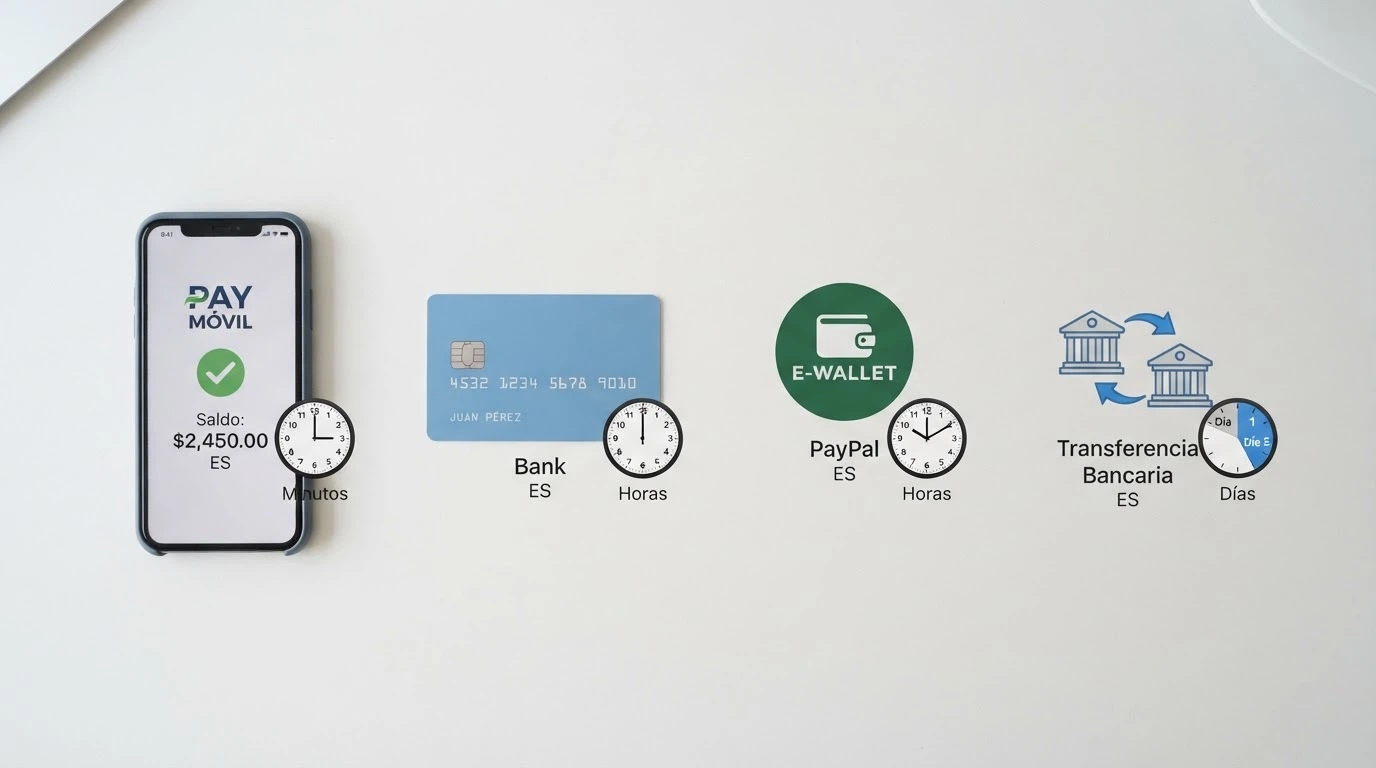 Iconos de Bizum, PayPal, tarjeta bancaria y transferencia alineados, con un reloj junto a cada uno marcando el plazo de retirada