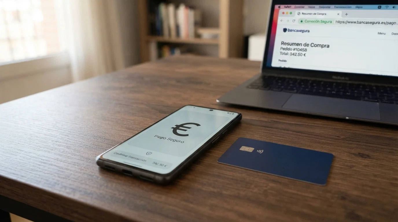 Cartera, tarjeta bancaria y teléfono mostrando la app de Bizum junto a una pantalla de casino con el icono del candado HTTPS