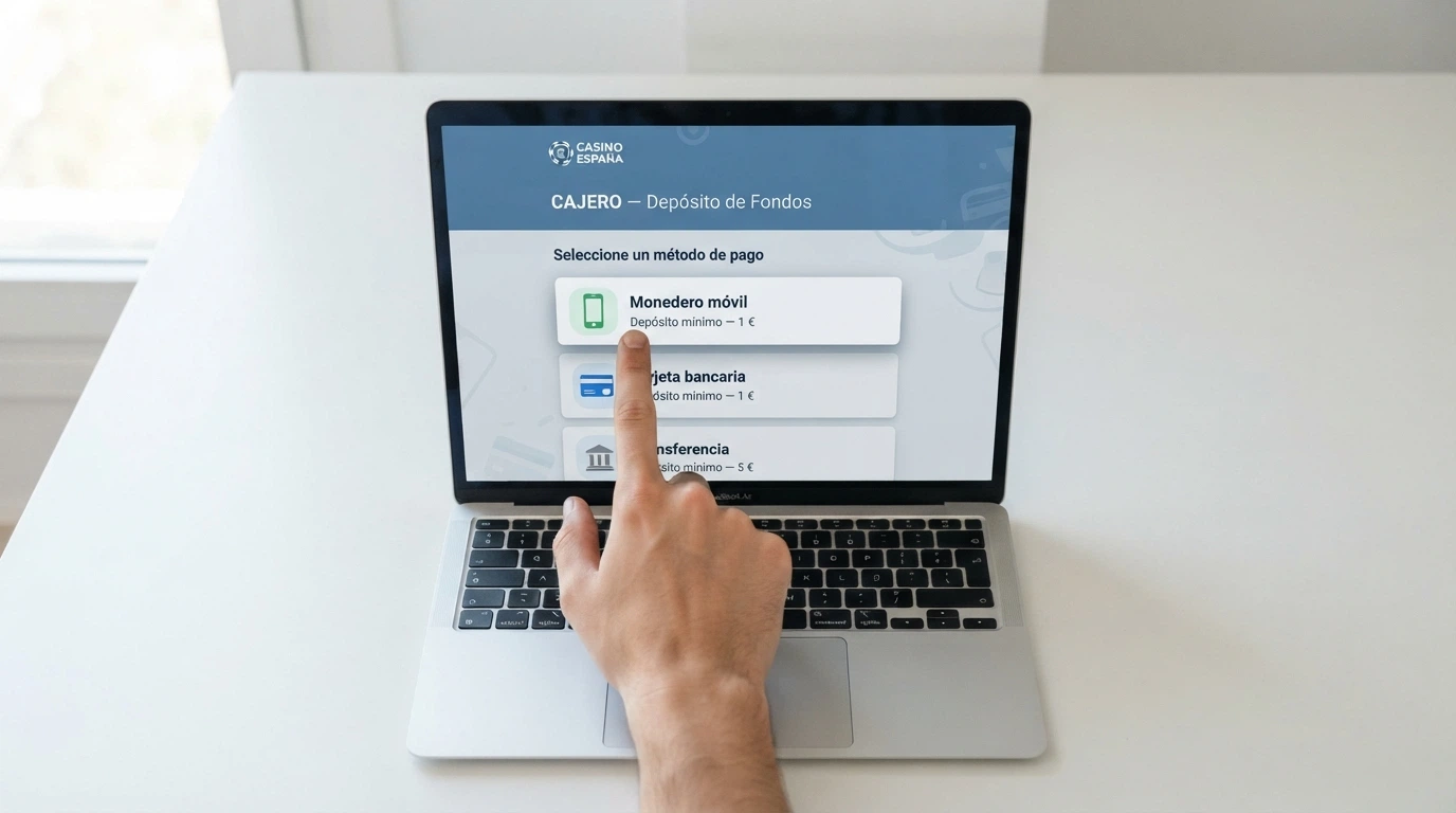 Una pantalla de cajero de casino online mostrando varios métodos de pago (Bizum, tarjeta, transferencia) con el indicador de importe mínimo junto a cada uno