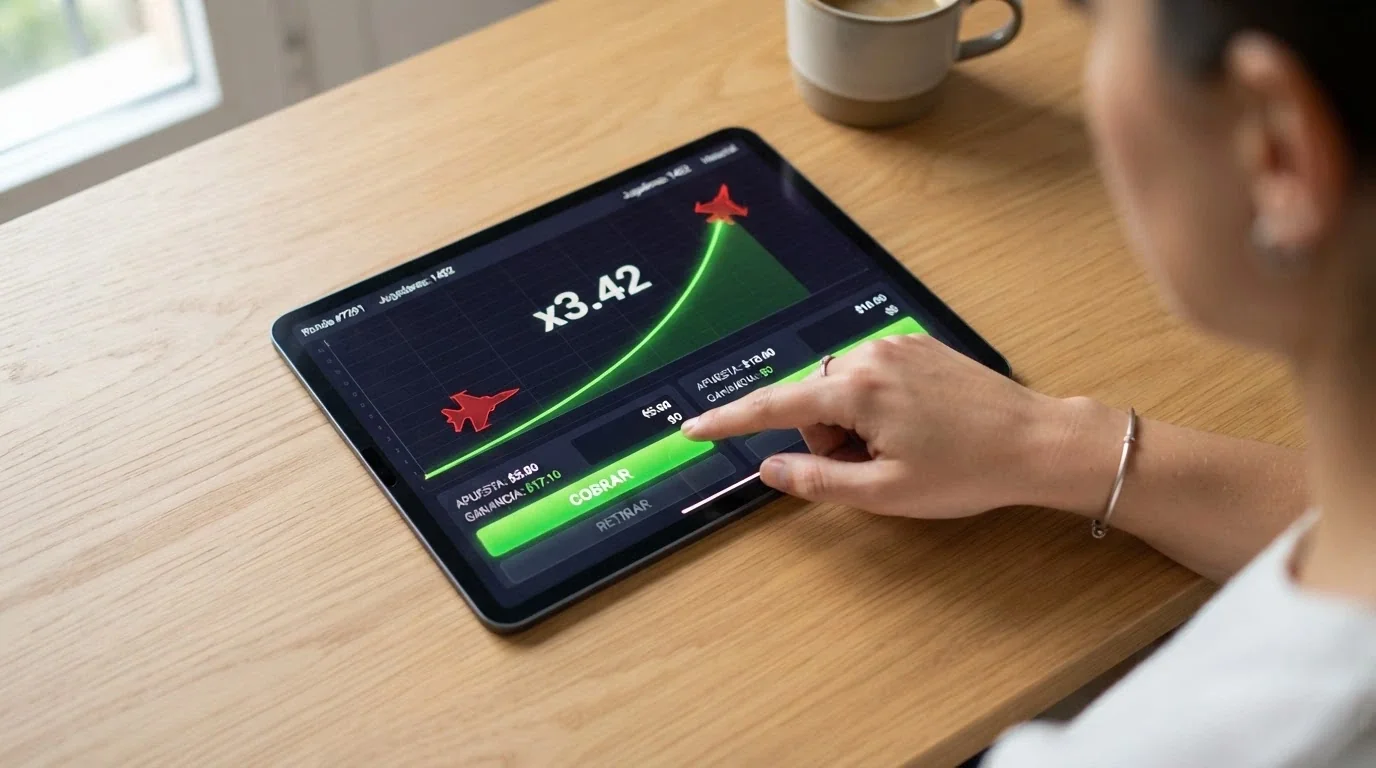 Captura de una ronda de Aviator en pleno vuelo con el multiplicador en x3,42, los botones de cashout activos y dos apuestas simultáneas configuradas a distintos objetivos