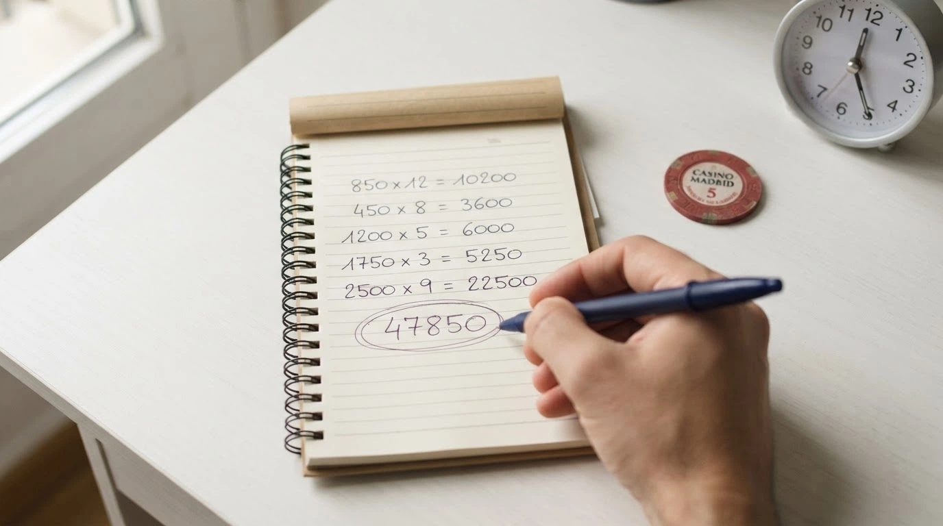 Una calculadora junto a una ficha de casino y un reloj, con la pantalla mostrando una cifra de apuesta requerida muy superior al bono inicial