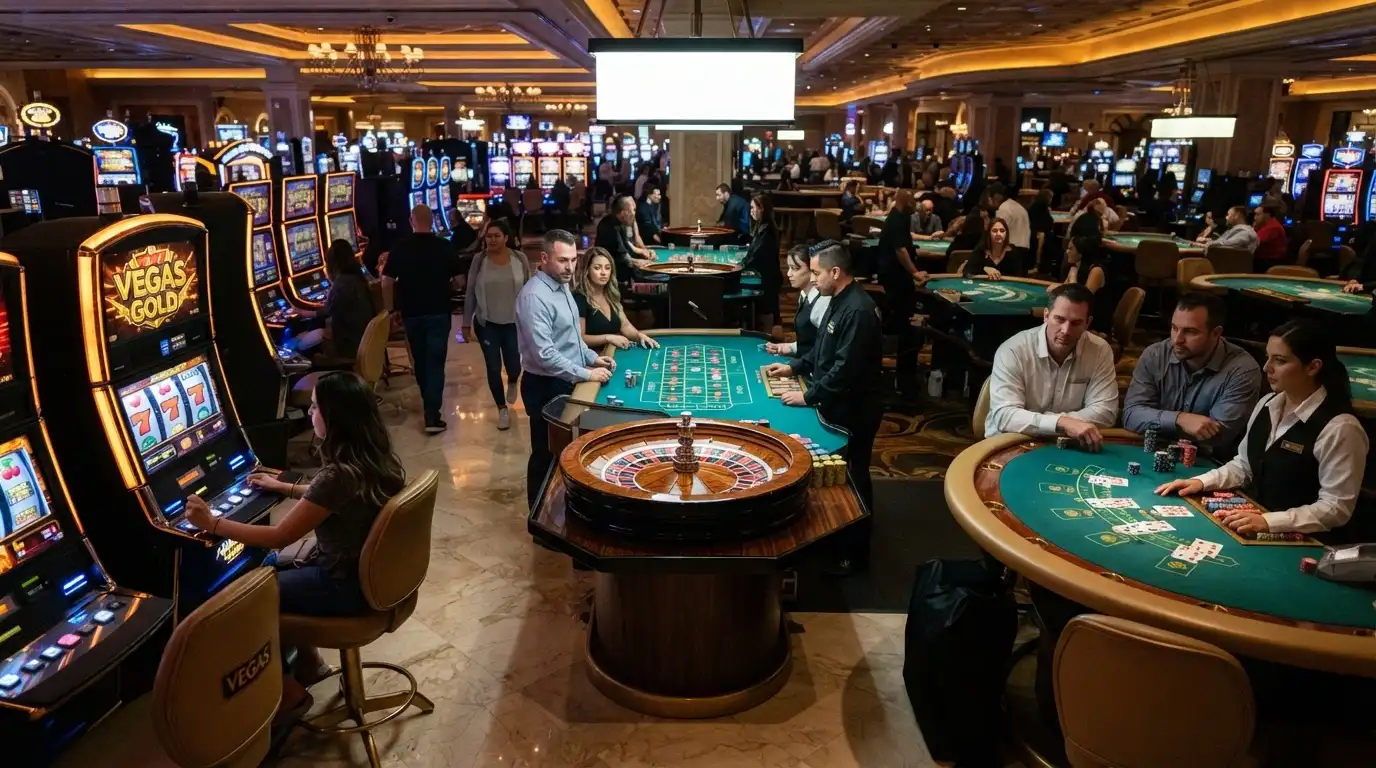 Tres zonas diferenciadas de un casino — una pantalla de tragaperras, una ruleta en vivo y una mesa de blackjack — cada una con una etiqueta de oferta distinta