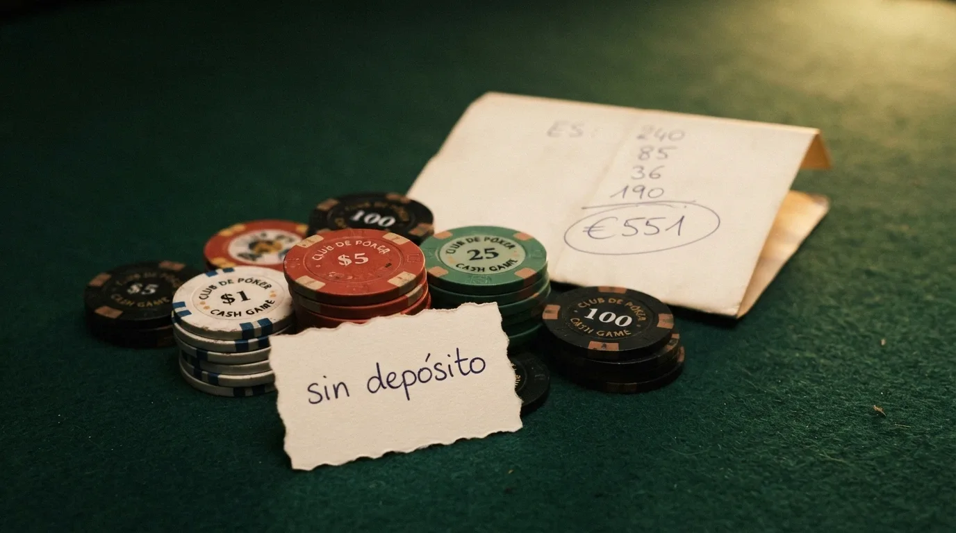 Un conjunto de fichas de casino con el texto «sin depósito» en primer plano y condiciones de conversión anotadas al margen