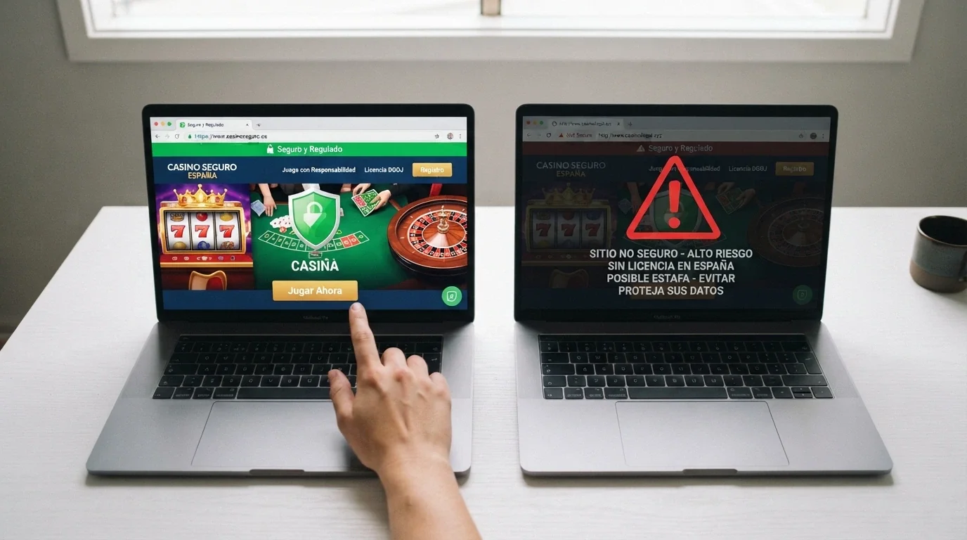 Pantalla partida: a la izquierda un casino con candado y dominio .es, a la derecha uno sin licencia con un signo de advertencia