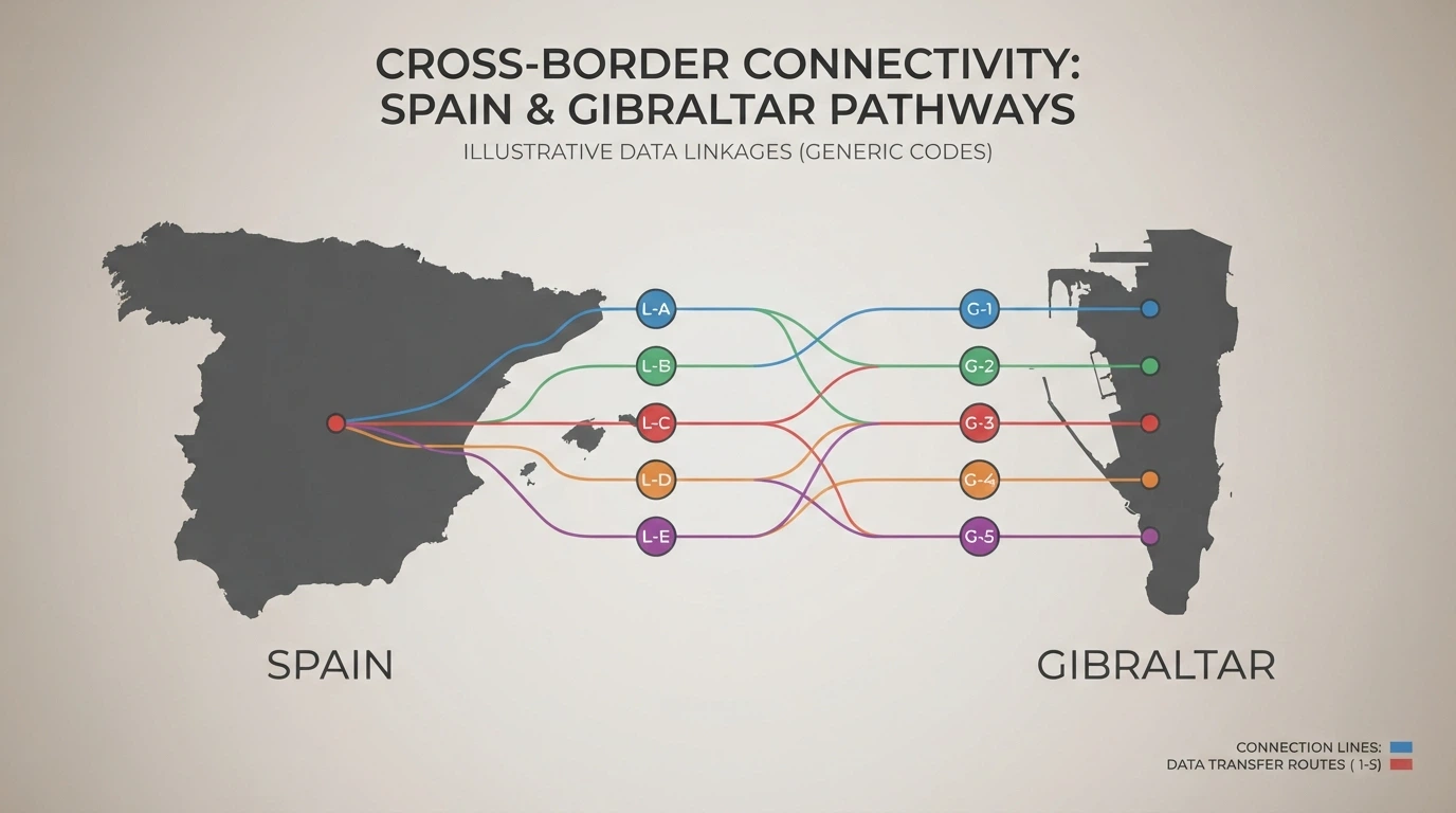 Mapa conceptual con los logotipos de Bet365, 888, bwin, William Hill y Betfair conectados por líneas a Gibraltar y a España