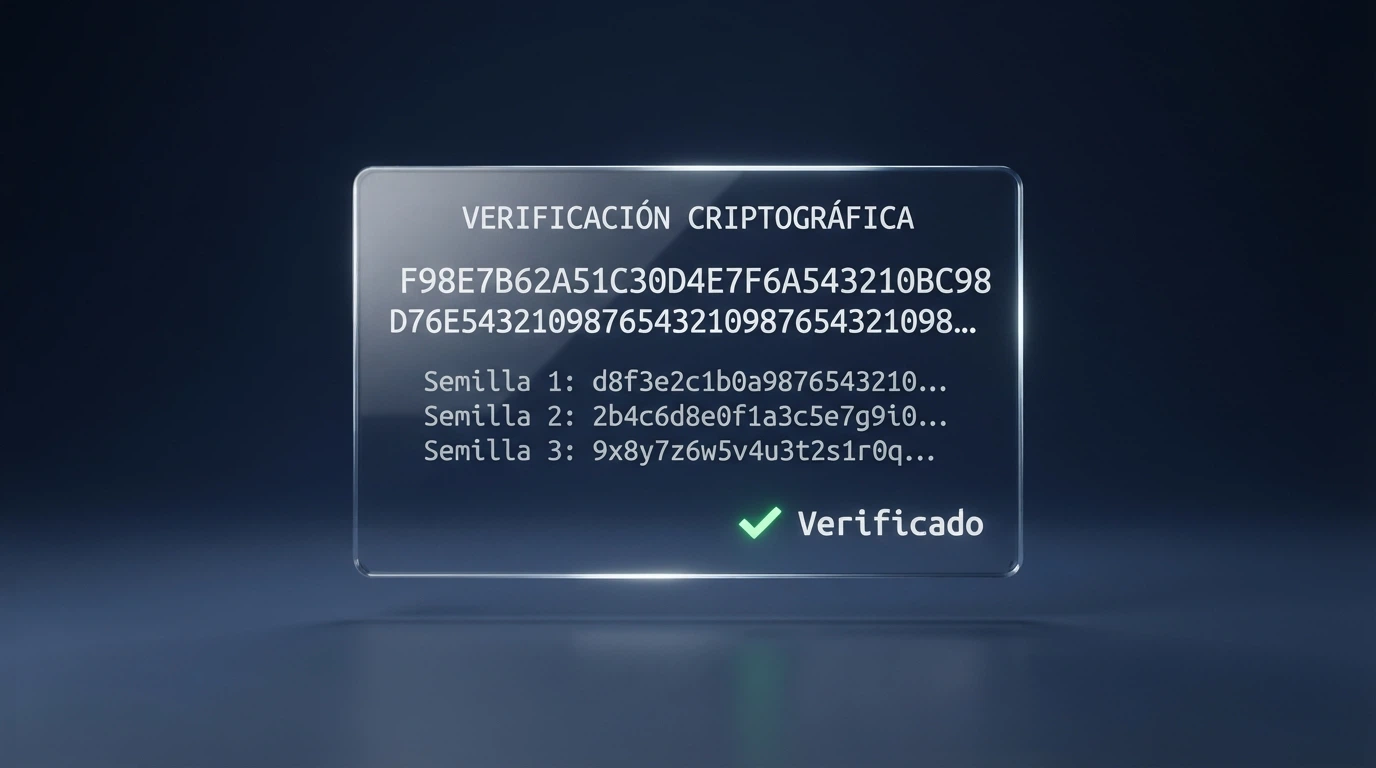 El panel de verificación Provably Fair de Aviator mostrando el hash SHA-512, las tres semillas del cliente y el resultado verificable de una ronda completada