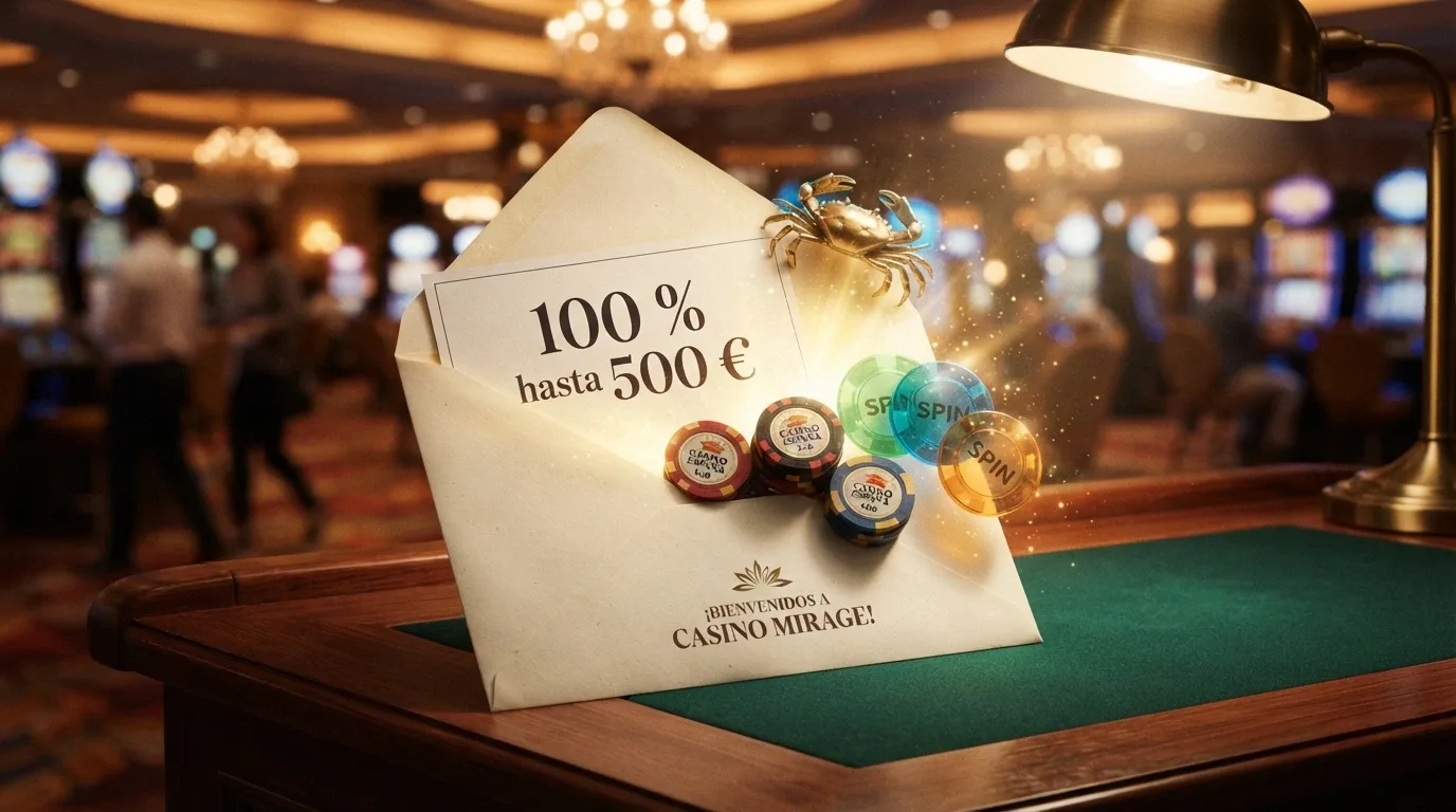 Un sobre de bienvenida abierto del que salen billetes, fichas de giros gratis y un cangrejo dorado con el texto «100 % hasta 500 €», sobre un escritorio de casino